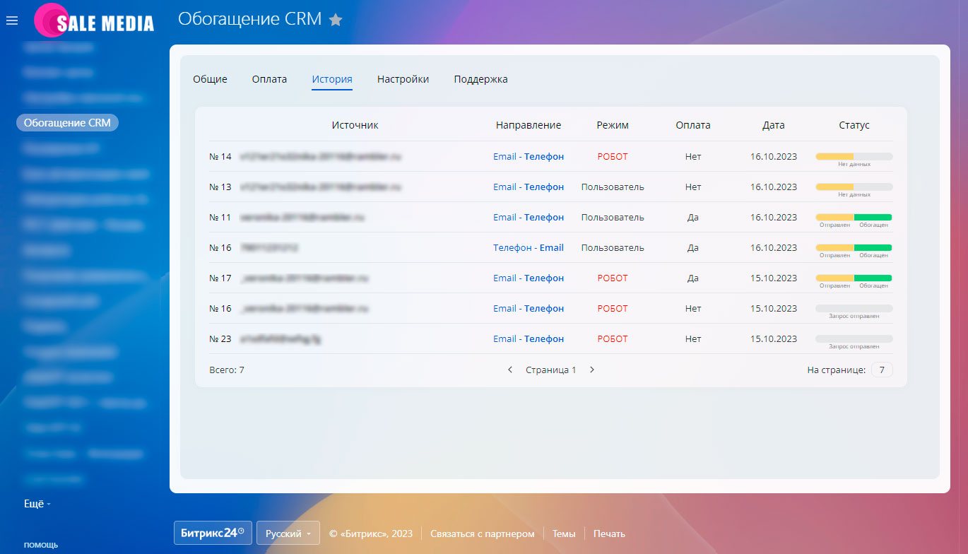 Приложение Обогащение CRM (дополнительные контакты - телефон, email, VK ...